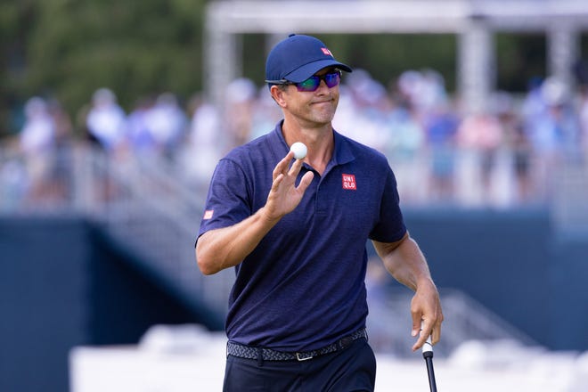 Adam Scott reacts after his birdie putt on the sixth hole during the second round of the BMW Championship golf tournament at the Wilmington Country Club on Friday, Aug. 19, 2022.