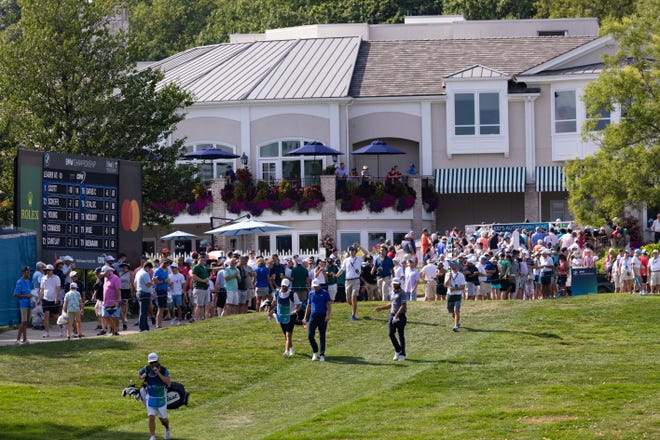 Jordan Spieth and Max Houma start off the 10th tee in front of the clubhouse during the second round of the BMW Championship Golf Tournament at Wilmington Country Club on Friday 19th August 2022.