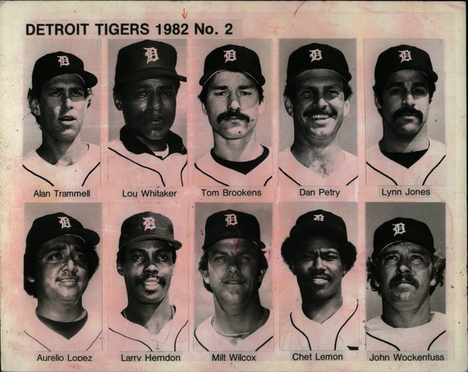 A Detroit Tigers 1982 roster card featuring (top row, from left) Alan Trammell, Lou Whitaker, Tom Brookens, Dan Petry, Lynn Jones aswell as (bottom row, from left) Aurelio Lopez, Larry Herndon, Milt Wilcox, Chet Lemon, and John Wockenfuss