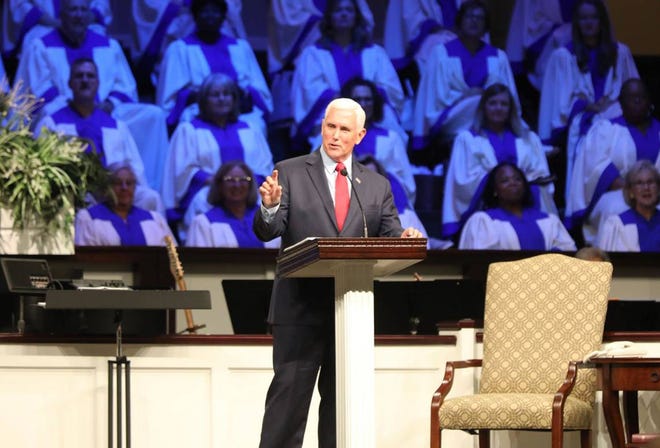 Churchgoers look on as former Vice President Mike Pence speaks Wednesday, July 20, 2022, at Florence Baptist Temple about abortion restrictions in the wake of the Supreme Court overturning Roe v. Wade. (Jason Lee/The Sun News/TNS)