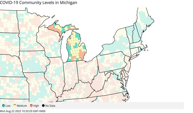 Lenawee County remains in the medium community COVID-19 level as of Aug. 18, 2022, according to the Centers for Disease Control and Prevention. Counties in the medium level are shown in yellow, counties in the low level are green, and counties in the high level are orange.