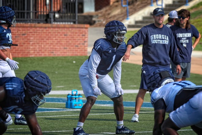 Georgia Southern linebacker Todd Bradley-Glenn (1) gets ready for a play during practice Aug. 16 at Paulson Stadium in Statesboro.