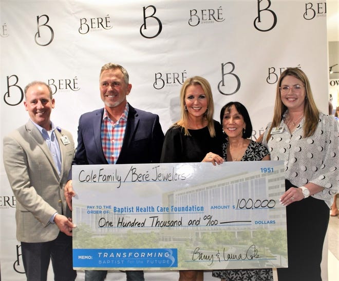 Cole family, Beré Jewelers donate $100,000 to Baptist Health Care Foundation. Pictured left to right: Mark Faulkner, Barry Cole, Laura Cole, Laverne Baker, Heather Moorer.