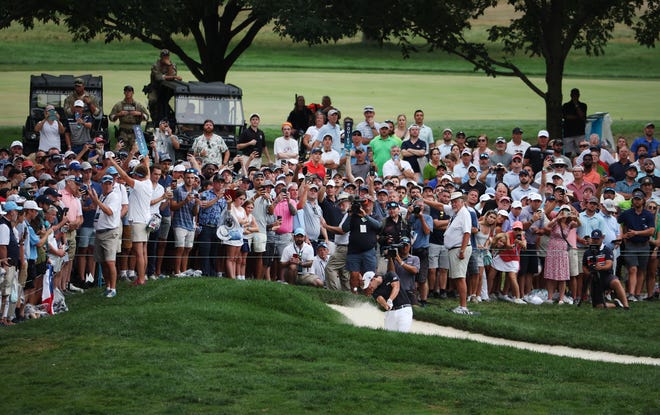 BMW Championship winner Patrick Cantlay will play his shot from the 18th hole bunker in the final round of the tournament at Wilmington Country Club on Sunday.