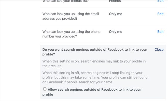 Leaving the setting on allows search engines outside of Facebook to link your account in their results, Facebook says.  Clear the checkbox to remove your account from the ad.