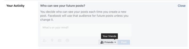 Select the drop-down menu to see privacy settings options for who can see your future posts on Facebook.