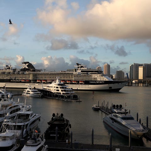 In this drone image, the Celebrity Infinity Cruise