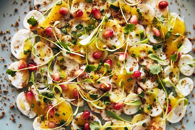 Octopus carpaccio is the first course of Florie's Flavor menu.