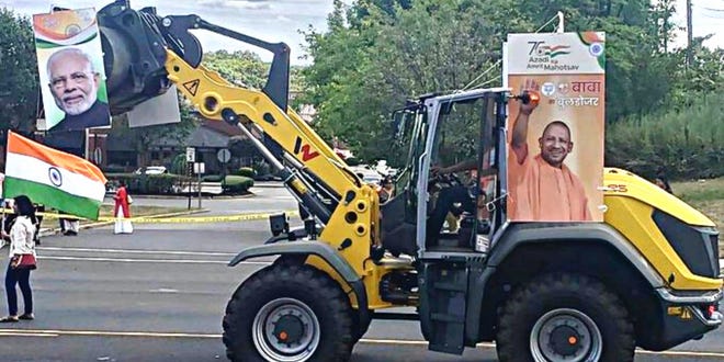The construction equipment was decorated with the images of Indian Prime Minister Narendra Modi and Provincial Chief Minister Yogi Adityanath.
