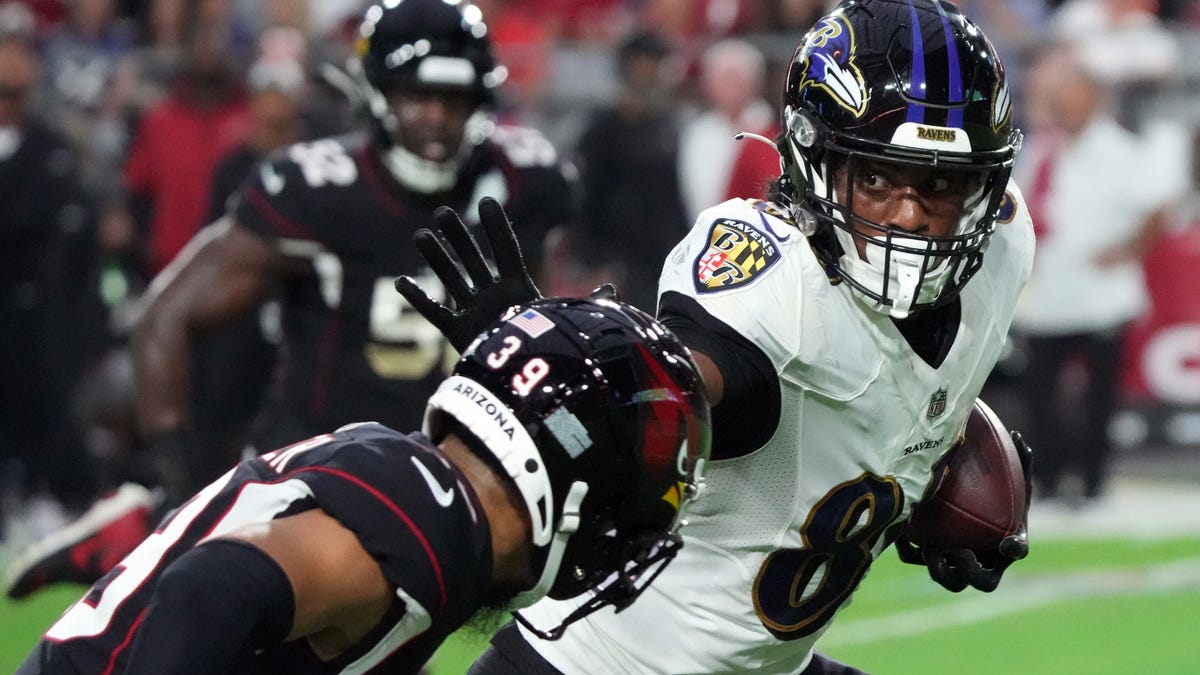 Ravens rookie TE Isaiah Likely (80) caught eight passes Sunday in Arizona.