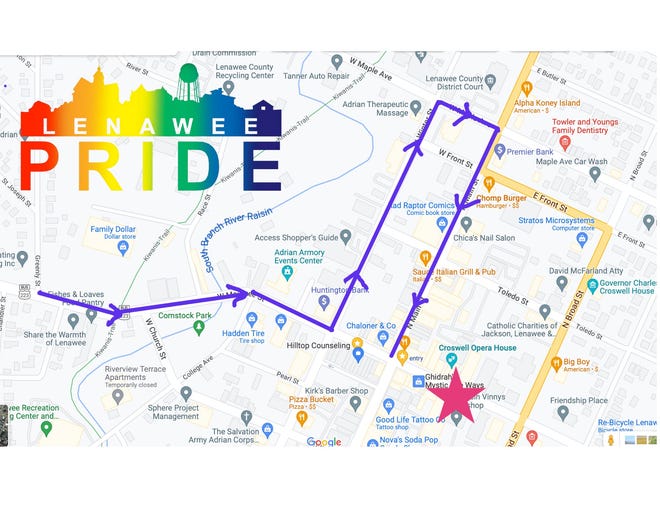 The parade route for Saturday's Lenawee Pride festival and inaugural parade is pictured. The parade begins at 1 p.m. in the parking lot of the Adrian Plaza along the 400 block of West Maumee Street. The route of the parade continues down Maumee Street to North Winter Street, onto West Maple Avenue and then to North Main Street. The parade will conclude and funnel into East Maumee Street, where entertainment is scheduled to begin at 2 p.m. and continue until 10 p.m.
