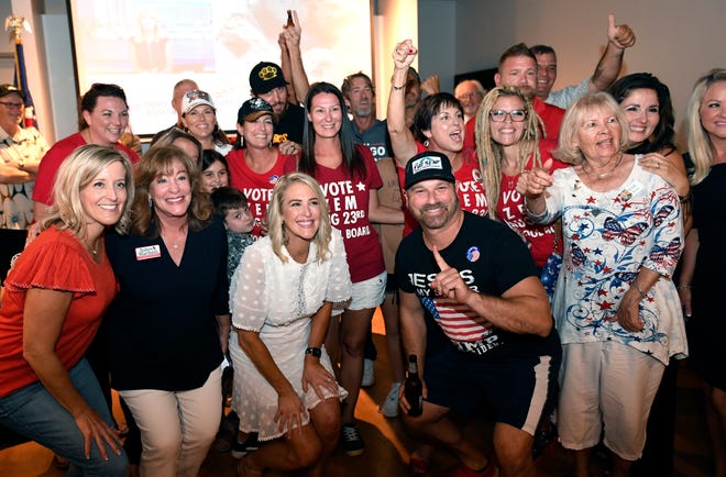 Bridget Ziegler (pictured center) celebrates her August election victory at Gecko's Grill & Pub in south Sarasota. Melissa Bakondy, the public commenter who directed homophobic remarks to board member Tom Edwards, is pictured to the left.