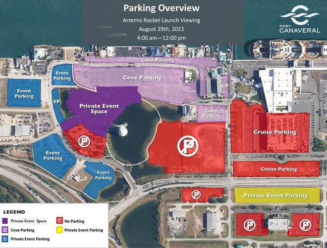 This map of Port Canaveral shows the areas that will be open and closed to the public from 4 am to noon Monday for the launch of NASA's Artemis I.