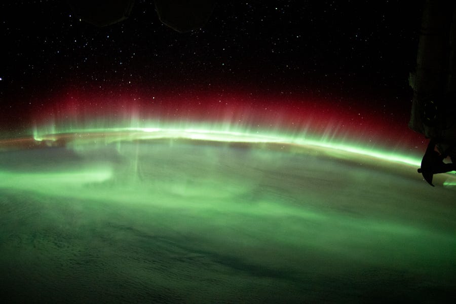 A brilliant stream of the southern lights or aurora australis is captured in this photograph from the International Space Station as it orbited 270 miles above the Indian Ocean near Antarctica.