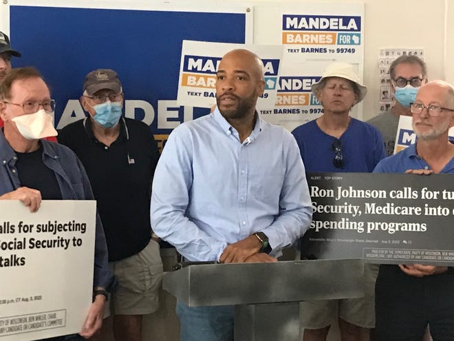 Democratic U.S. Senate candidate Mandela Barnes meets with supporters at the Winnebago County Democratic office in Oshkosh on Thursday, Aug. 25, 2022.