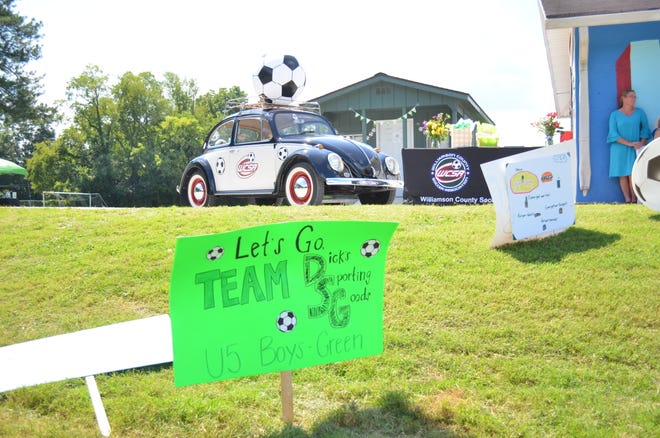 Hand-decorated signs show support for youth soccer teams at the Williamson County Soccer Complex in Franklin, Tenn.  on Aug.  24, 2022.