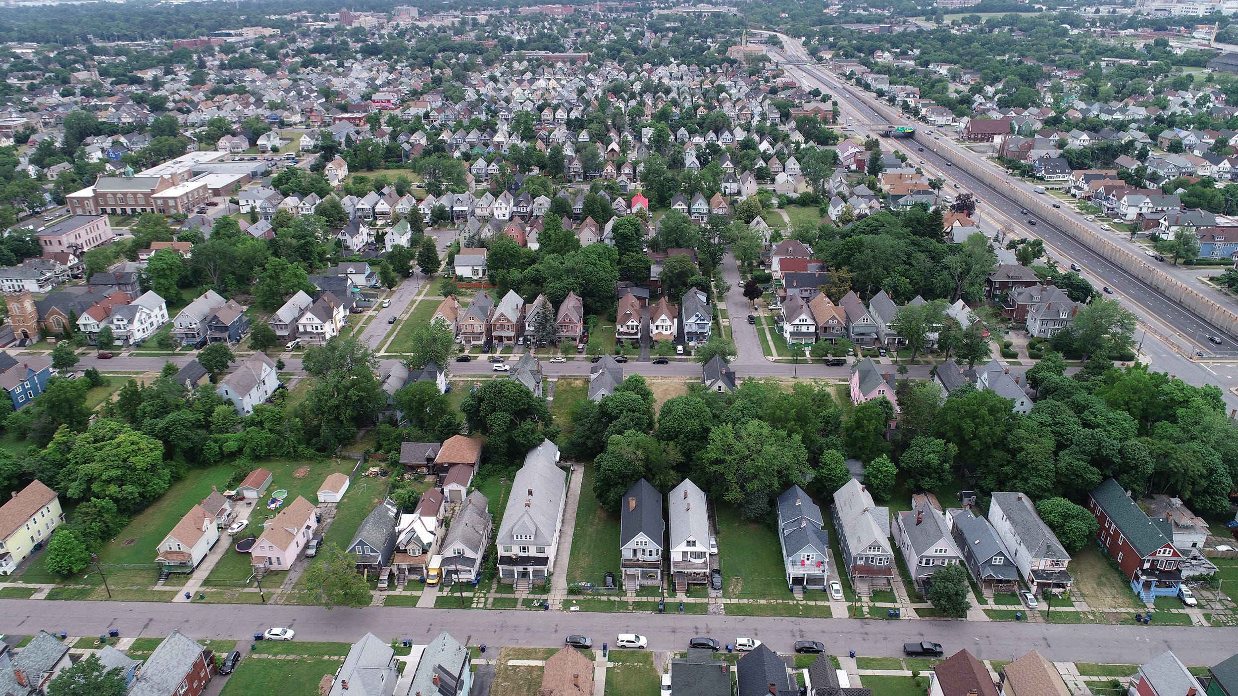 Aerial views of the neighborhoods on July 7, 2022, on the East Side of Buffalo, N.Y, that were separated by the Kensington Expressway. The Kensington Expressway was built decades ago.
