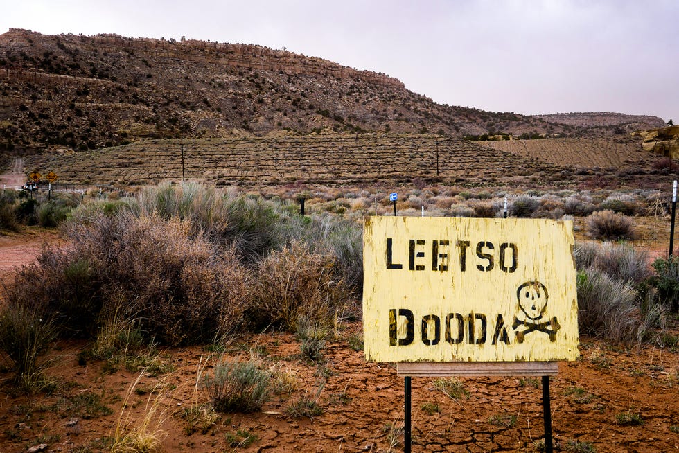 "Leetso Dooda" means "no uranium" in the Diné language. The sign warns of radioactivity near the Church Rock mining site at Red Water Pond Road in Navajo Nation.