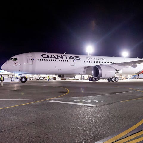 A Qantas Boeing 787 leaving the paint shop.