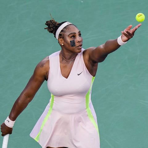 Serena Williams prepares to serve during the Weste
