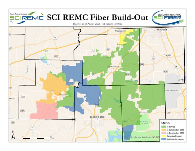 This map, provided by SCI REMC shows the areas currently in service, those under construction in 2022 and 2023, areas where they are gathering interest and those locations served by the Smithville partnership throughout Owen, Morgan, Monroe and Brown counties.