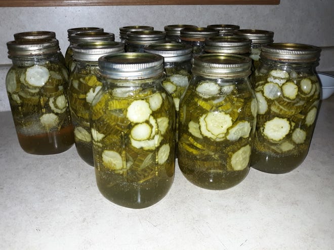 Sweet and sour dill pickles canned by Lovina Eicher.