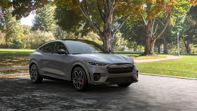 The 2023 Mustang Mach-E model will now offer two new colors from the eight available. The new colors are: Carbonized Gray Metallic and Vapor Blue Metallic. Carbonized Gray Metallic is seen here.