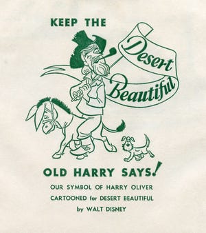Walt Disney's Desert Beautiful logo shows desert rat Harry Oliver; his dog, Whiskers; and his burro, Maude.