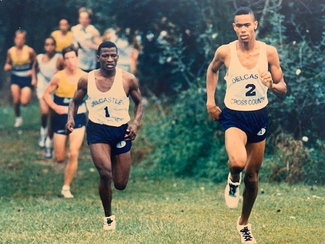 Eventual winner Cornelius Jones (left) and Delcastle teammate Anthony Stewart set the pace in the Blue Hen Conference cross country championships.