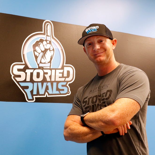 Aaron Spragg started Storied Rivals Sports Media in 2008, which began with production of team highlight films and recruiting videos. It has since diversified, as the business now includes team apparel and creative media marketing among its services.
(Photo: Sam Blackburn/Times Recorder)
