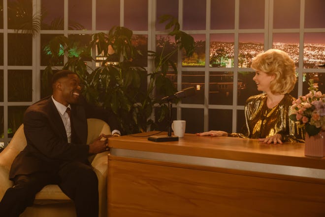 Joan Rivers (Coley Campany, right) interviews Mike Tyson (Trevante Rhodes) in a scene from Hulu's 
