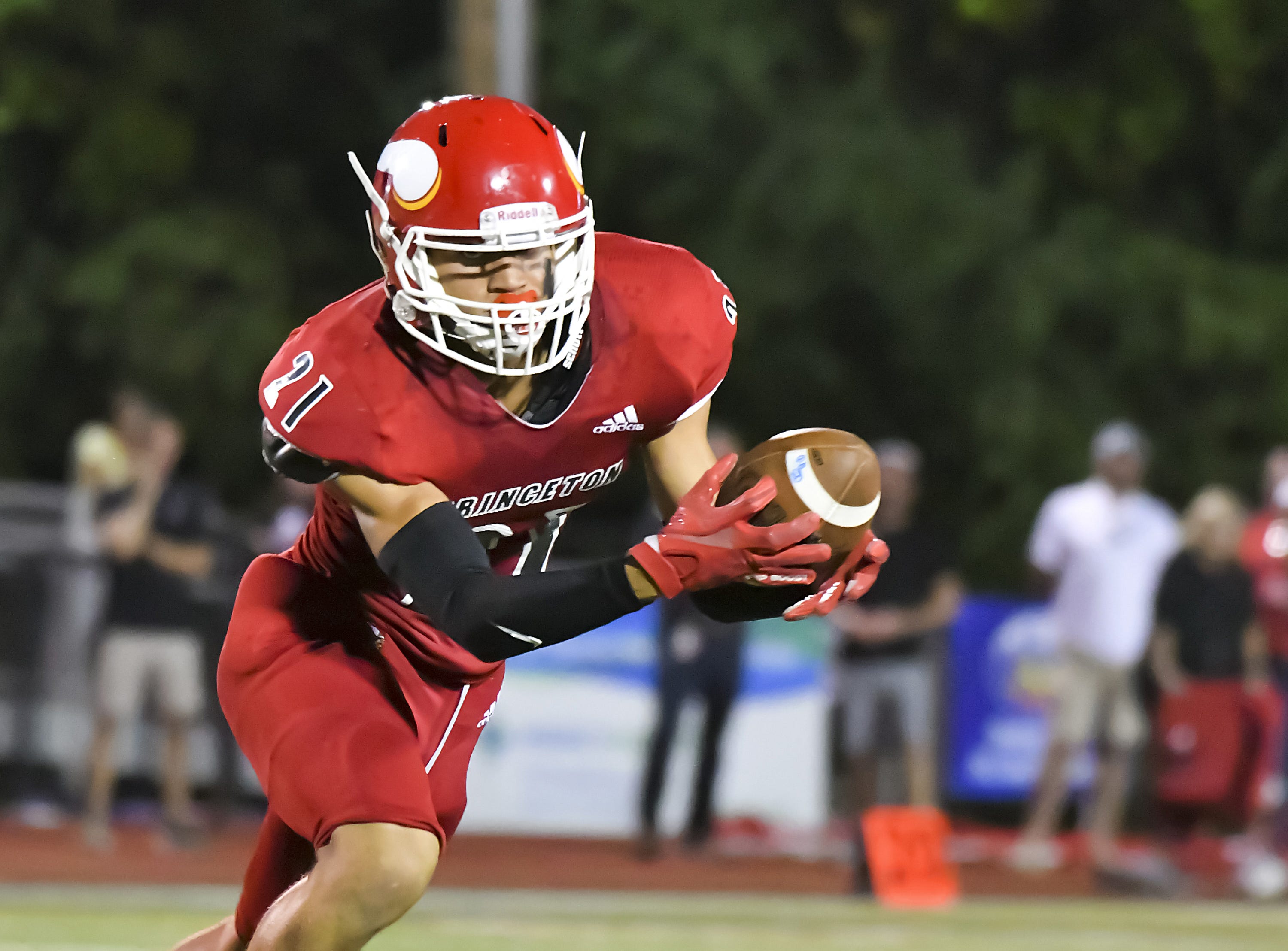 Tyson Beach of Princeton catches the ball for a touchdown against Colerain during the Skyline Chili Crosstown Showdown at Pat Mancuso Field on Friday, Aug. 26, 2022.