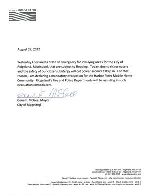 State of Emergency Letter written by Ridgeland Mayor Gene F. McGee.