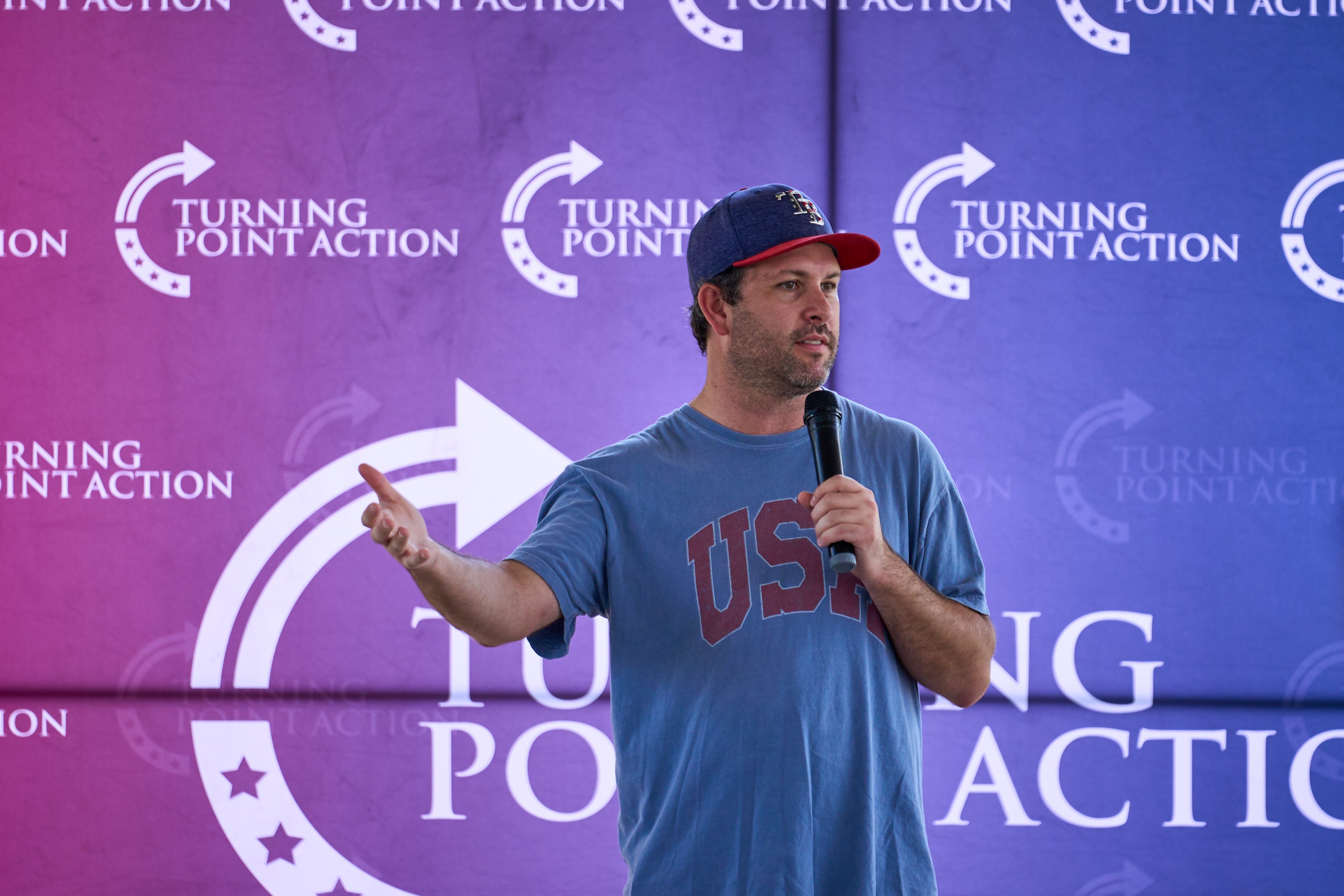 Tyler Bowyer, chief operating officer of Turning Point Action, speaks during the Turning Point Action event in Chandler on Aug. 27, 2022.