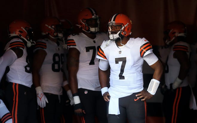 Cleveland Browns quarterback Jacoby Brissett (7) stands in the tunnel before an NFL preseason football game against the Chicago Bears, Saturday, Aug. 27, 2022, in Cleveland, Ohio.