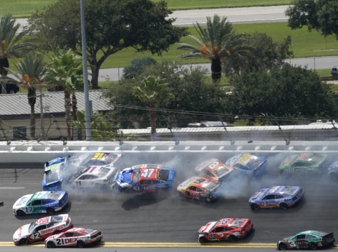 Austin Dillon's No. 3 Chevrolet (lower right) went through this latest crash and was in the lead when rain brought the race to a halt soon after.