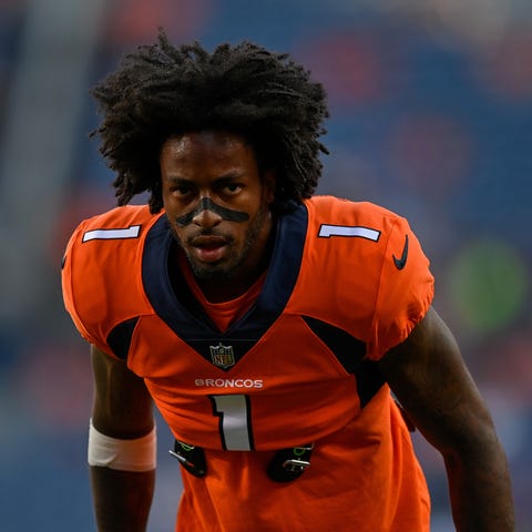 Wide receiver KJ Hamler #1 of the Denver Broncos w