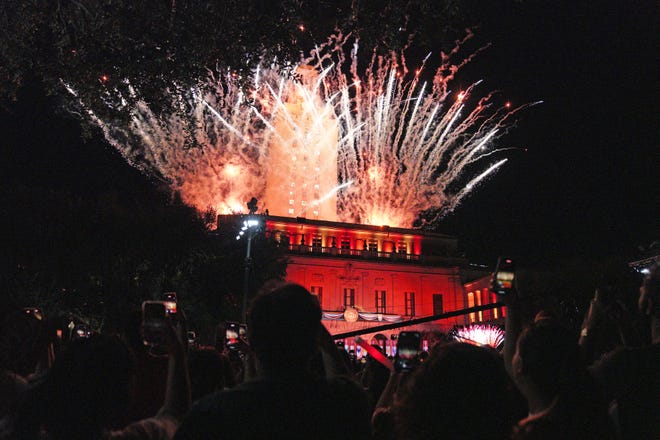 Fireworks ignite above and around the University of Texas Tower on Aug. 24 during a Gone to Texas celebration. UT maintained its ranking as the No. 1 university in the state in the 2023 list of the top global universities compiled by U.S. News & World Report.