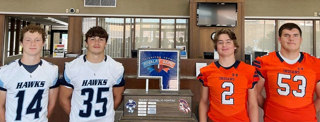 It's Rivalry Week for Pontiac and Prairie Central as the two Illini Prairie Conference and Livingston County rivals square off for a football game Friday night at Williamson Field. At stake is the Bank of Pontiac Rivalry Trophy, which is in its 10th year. Prairie Central, represented here in white on the left by Camden Palmore (14) and Drew Fehr, has won the last three contests and currently possesses the trophy, which is sponsored by the Bank of Pontiac with its home office in Pontiac and Bluestem Bank, the Bank of Pontiac branch in Fairbury. The Indians, represented here in orange by Brady Donovan (2) and Tyson Cramer, won the first six times the trophy was up for grabs.