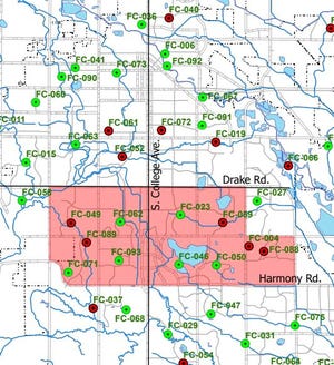 The city of Fort Collins will spray south Fort Collins for mosquitoes after high levels of West-Nile virus-infected mosquitoes were found last week. The area in red depicts the spraying area this time around.