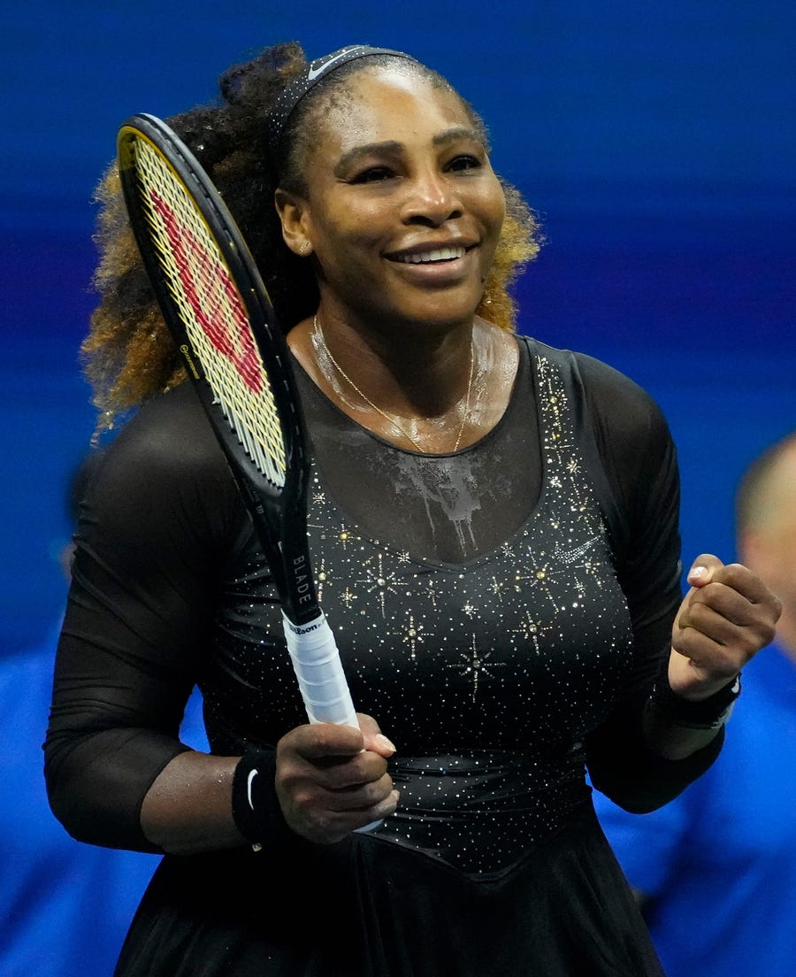 Serena Williams celebrates after beating Danka Kovinic during Round 1 of the U.S. Open.