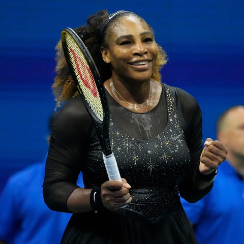 Serena Williams celebrates after beating Danka Kov