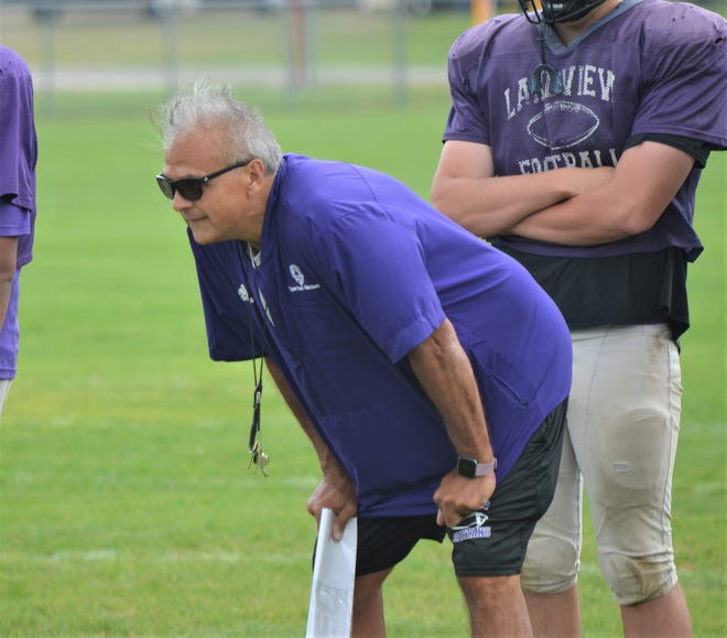 Helping to conduct practice on Tuesday, Lakeview varsity football coach Jerry Diorio is back coaching the Spartans in 2022 after having open heart surgery in January.