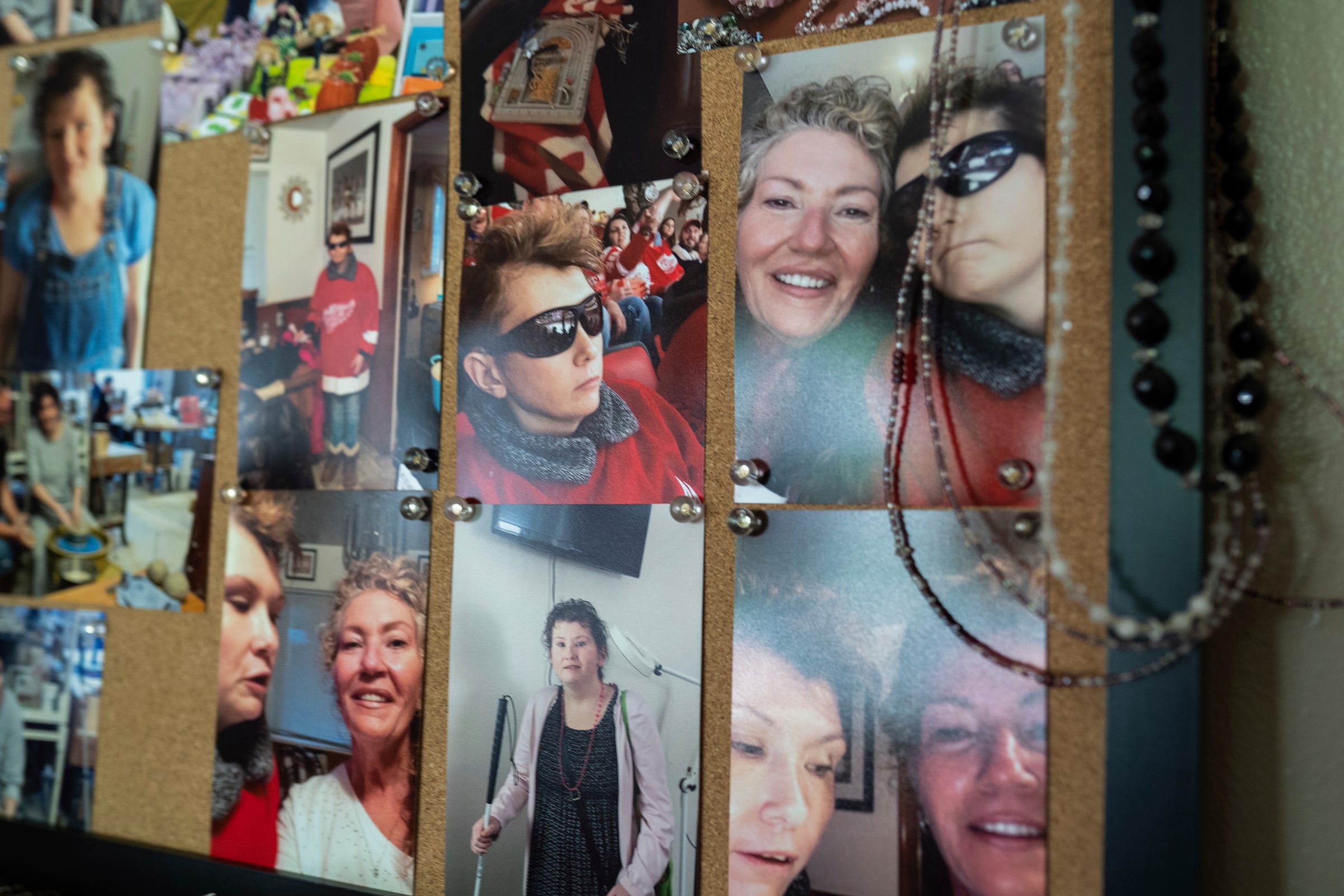 A photo tribute board created by Lois Mulkey to honor her late daughter, Bridget Cavanagh, who was blind and medically fragile when she was placed in an unlicensed group home.