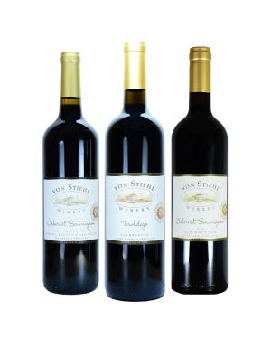 Three red varietal wines made by von Stiehl Winery in Algoma earned big scores in the USA Wine Ratings International Competition in San Francisco. Its 2019 Teroldego, center, scored scored 96 points out of 100 in the still wines (vintage/nonvintage) category, topped by only three other wines, while the 2017 Red Mountain Cabernet Sauvignon, right, was given 92 points and 2017 Barrel Select Cabernet Sauvignon, left, scored 89.