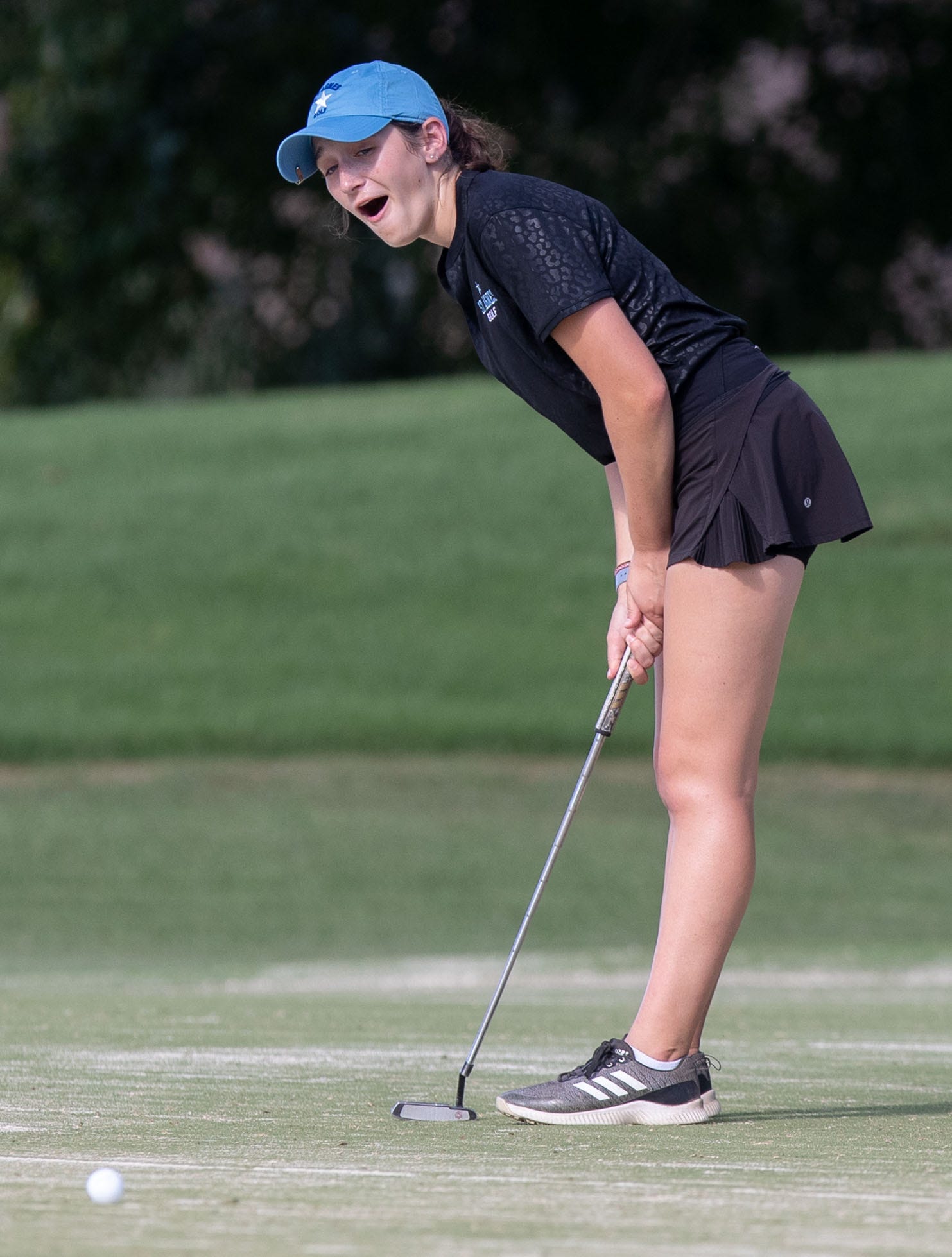 St. Agnes Academy golfer Anna Heck reacts as she misses her putt Tuesday, Aug. 30, 2022, at Irene Golf & Country Club in Memphis. 