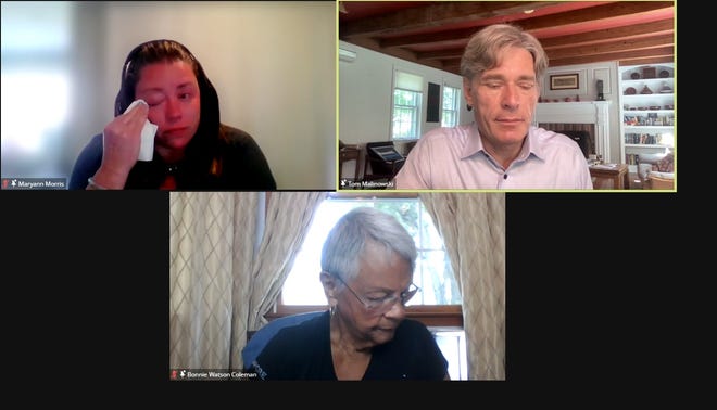Ida survivor Maryann Morris is still not in her Manville home after it flooded one year ago. Congressmembers Tom Malinowski and Bonnie Watson Coleman listen to her story during an online event hosted by the New Jersey Organizing Project on Aug. 31, 2022.