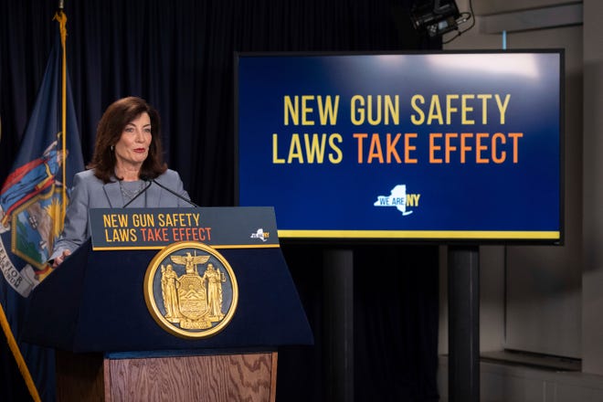 New York Governor Kathy Hochul speaks during a news conference about the state's new gun laws, most of which go into effect Sept. 1,  and the upcoming 