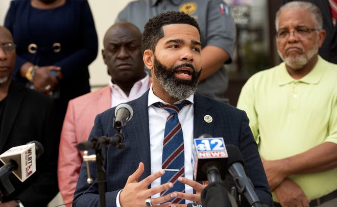 Jackson, Miss., Mayor Chokwe Antar Lumumba addresses the city's partnership with the state to help address the water crisis in the Capital city during a news conference in Jackson Tuesday, Aug. 30, 2022. On Monday, Mississippi Gov. Tate Reeves announced state assistance to help with Jackson's water issues. (Barbara Gauntt/The Clarion-Ledger via AP)