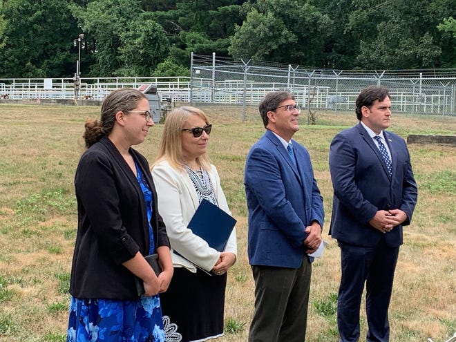 From left, State Rep. Natalie Higgins (D-Leominster), Federal Emergency Management Agency Region 1 Administrator Lori Ehrlich, Massachusetts Emergency Management Agency Deputy Director Pat Carnevale, and State Sen. John Cronin (D-Lunenburg) were among the speakers at an Aug. 23 ceremony behind the Leominster Wastewater Treatment Plant.
